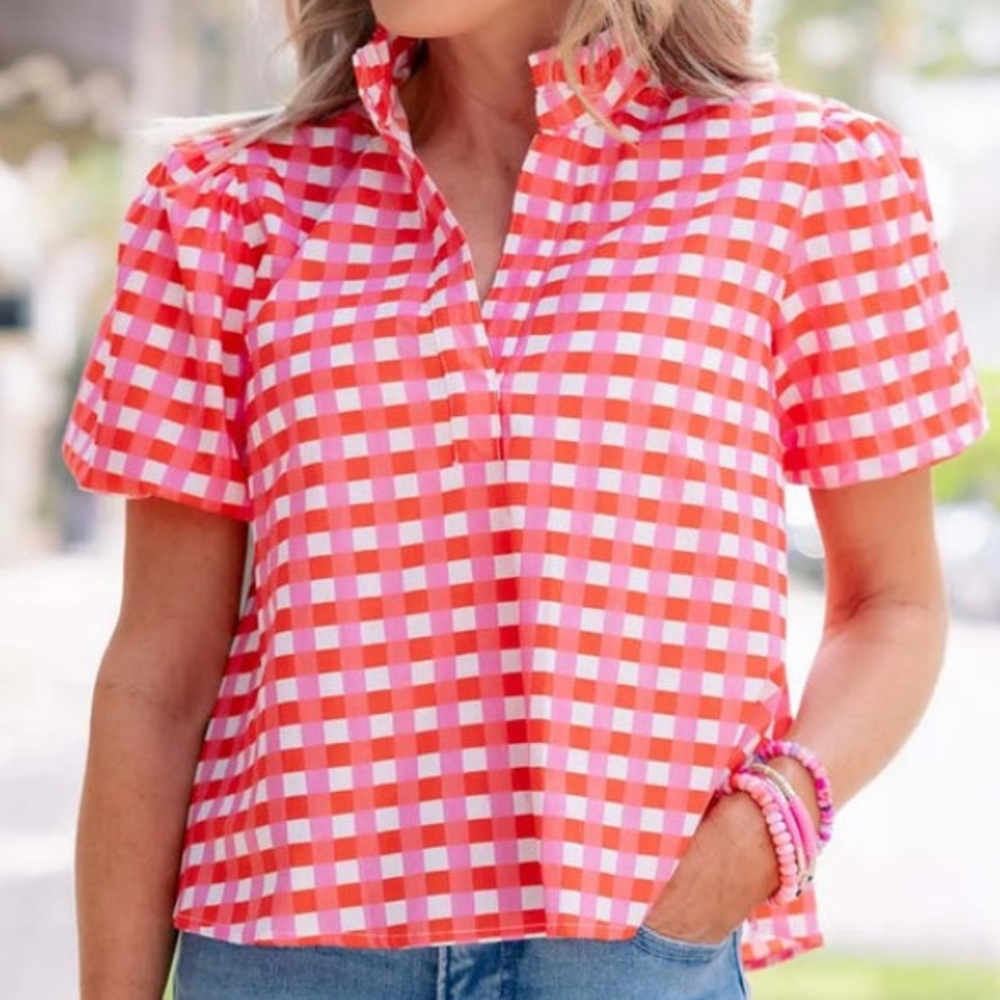Chic Red & Pink Gingham Blouse